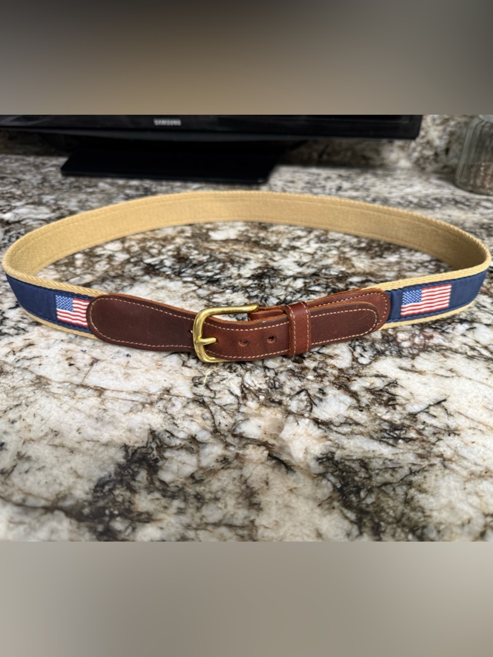Navy and Tan Canvas Belt with Brown Leather Trim and Flag Detail